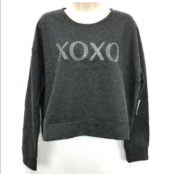 XOXO Tops - XOXO Gray Rhinestone Logo Crop Sweatshirt Size L